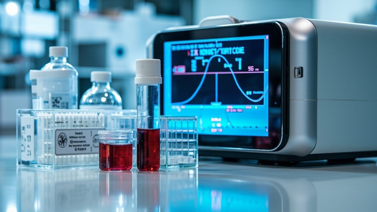 Blood sample being analyzed on a qPCR instrument with the TBI Biomarker Kit, highlighting the detection of GFAP, ALDOC, NRGN, BDNF, and ST2 biomarkers.