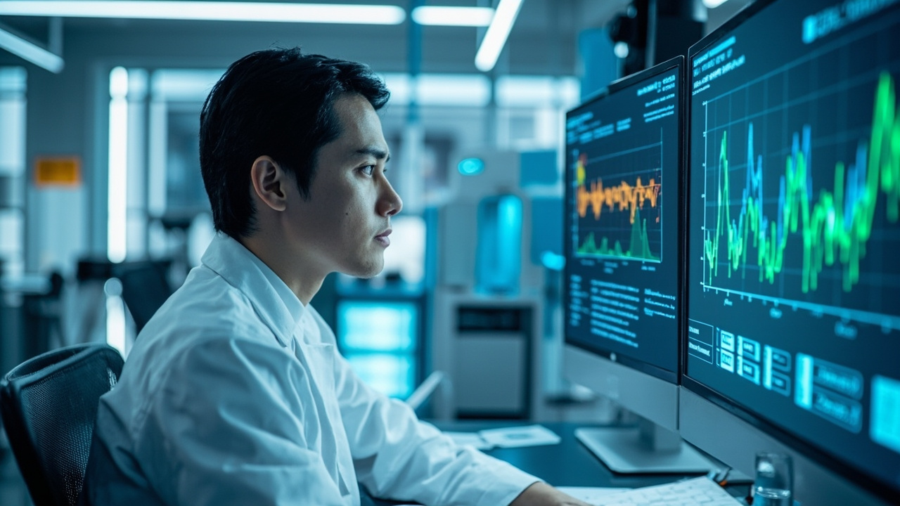 Laboratory technician analyzing data on a computer screen using Protein-PCR Software