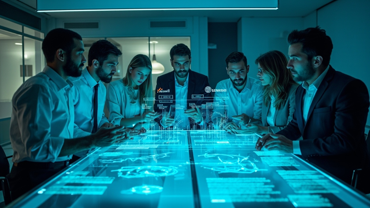 A diverse B2B marketing team analyzing AI-generated content and integrated marketing data on a futuristic holographic dashboard, symbolizing strategic decision-making in content creation.