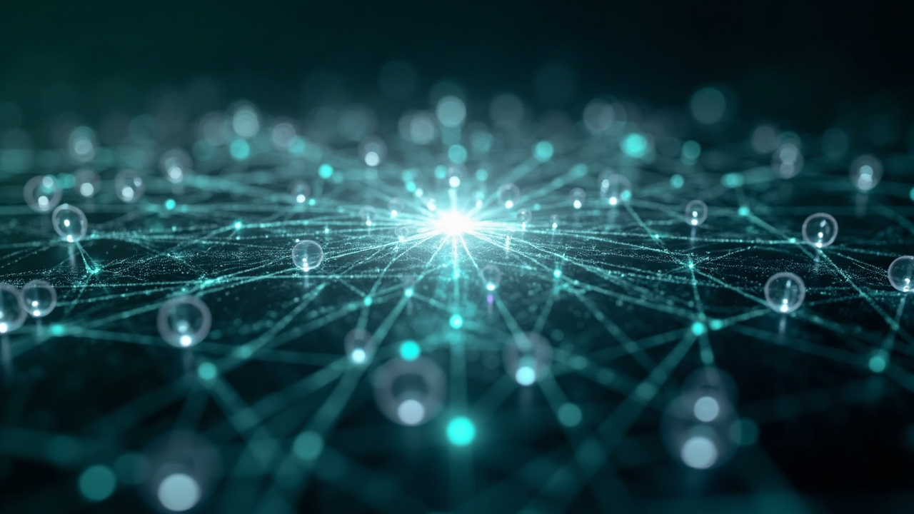 Abstract visualization of a strategic network, representing interconnected marketing plans and aligned objectives powered by AI.