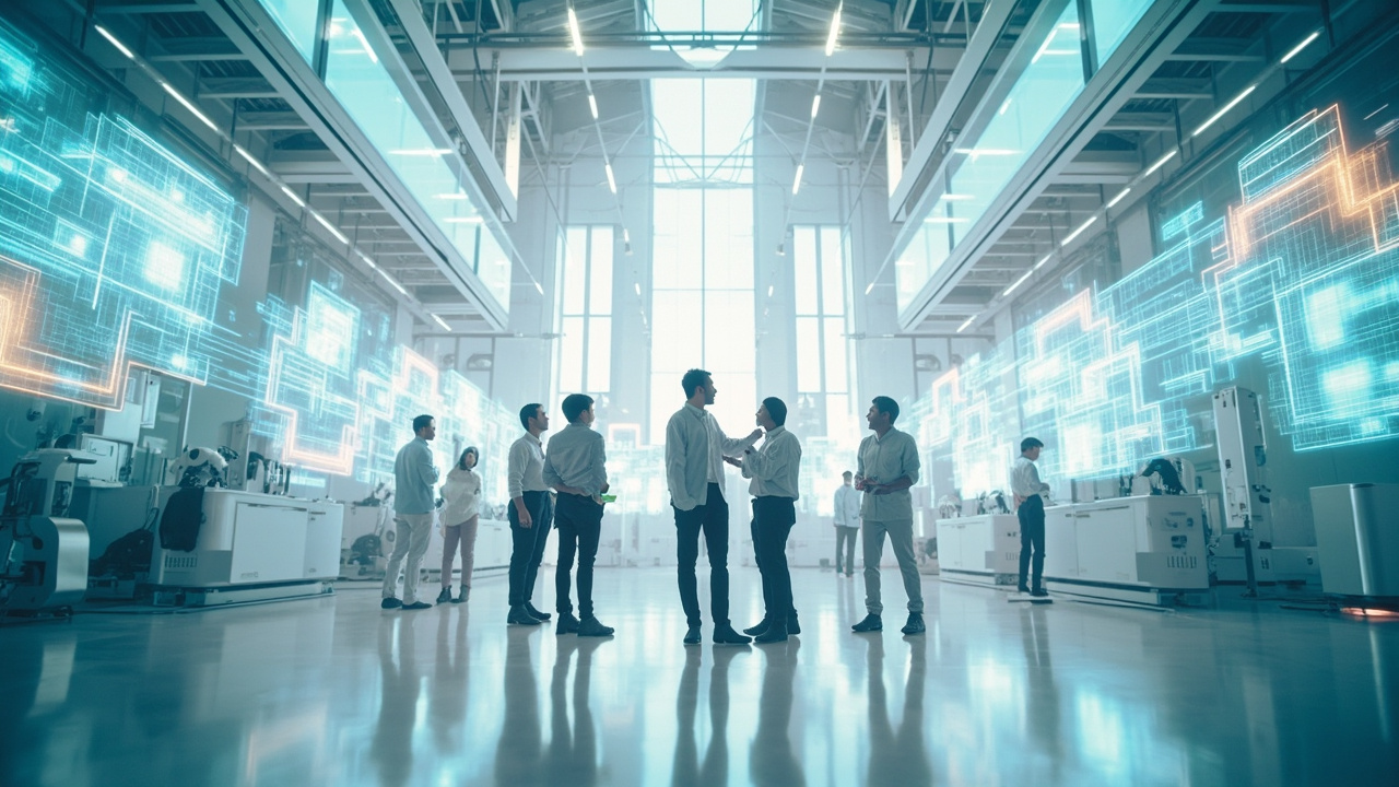 A diverse team of AI specialists collaborating in a futuristic AI innovation factory, surrounded by holographic data displays and advanced technology, symbolizing rapid development and enterprise AI adoption.