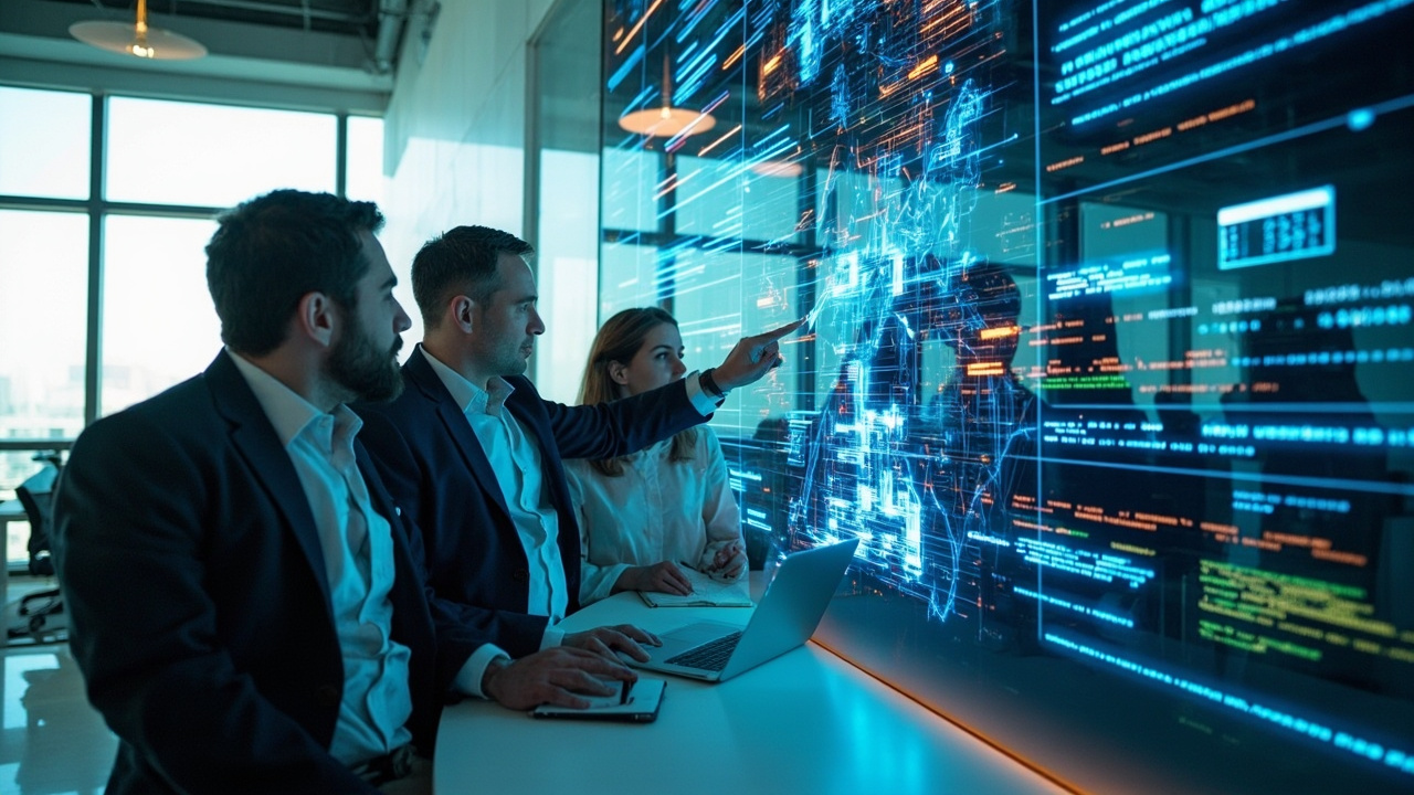 A diverse team of AI professionals collaborating on a rapid AI prototype, discussing data visualizations and code on a large screen in a modern office.