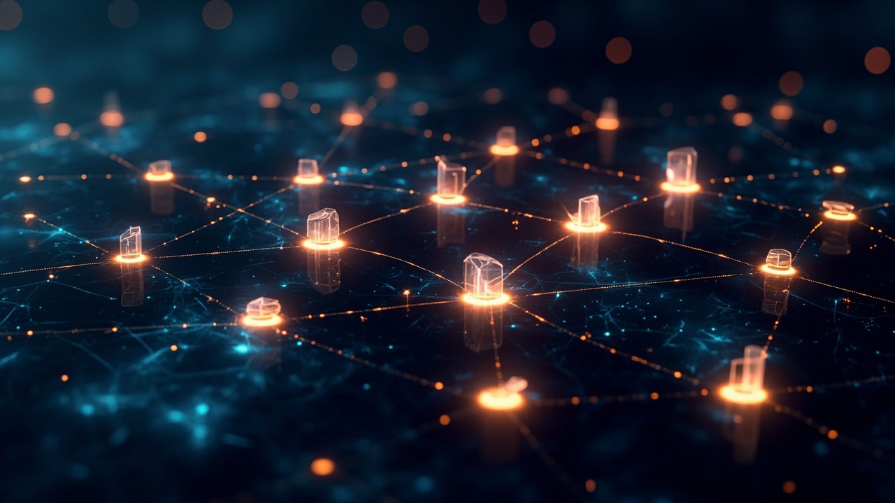 An abstract visualization of AI agents connecting and optimizing various business departments like sales, marketing, HR, and operations, illustrating cross-functional process improvement.