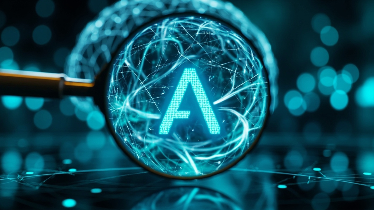 Abstract representation of Answer Engine Optimization, showing a digital brain and data streams with a magnifying glass over an 'A', symbolizing AI understanding and direct answers.