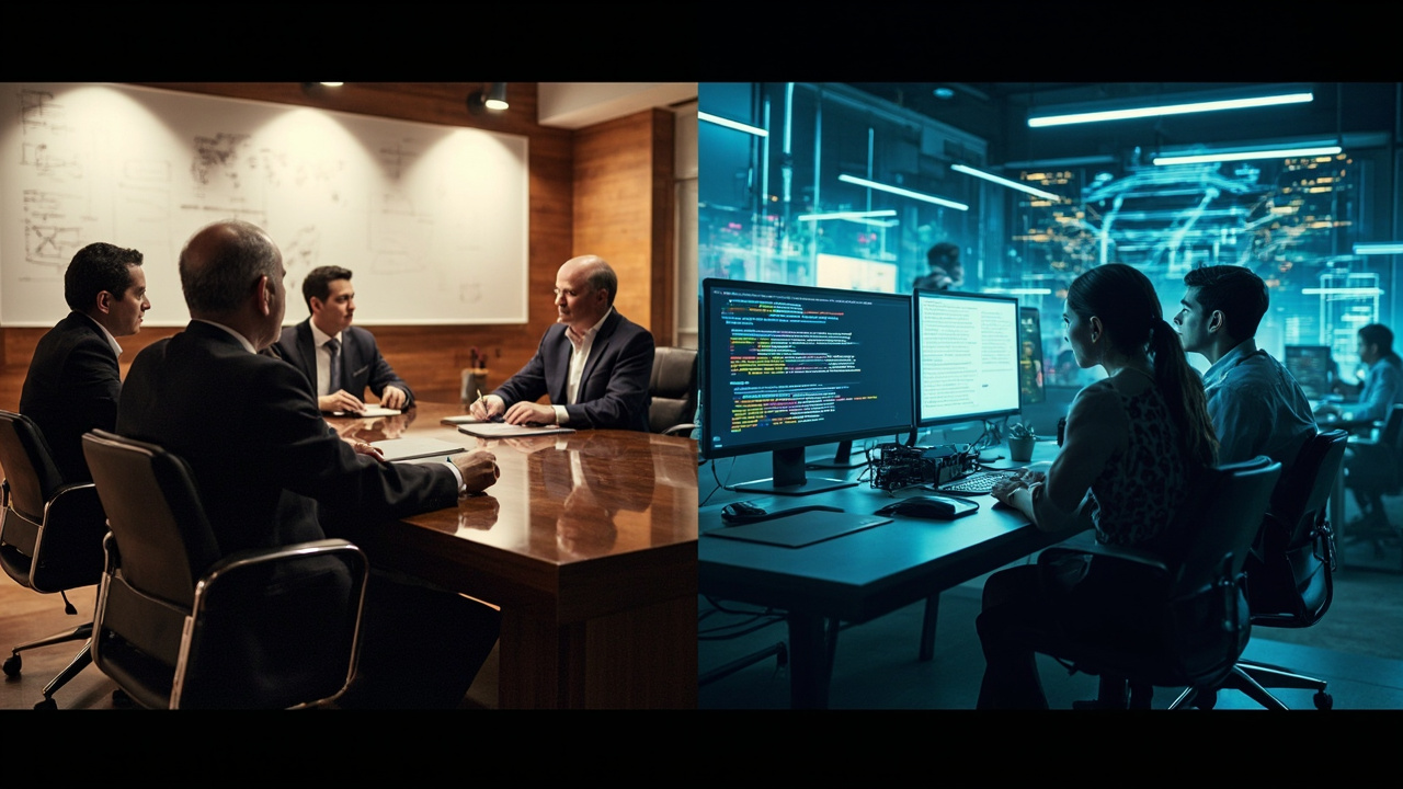 Comparison of traditional and full-stack AI consulting, with a boardroom on one side and a dynamic tech team prototyping on the other.