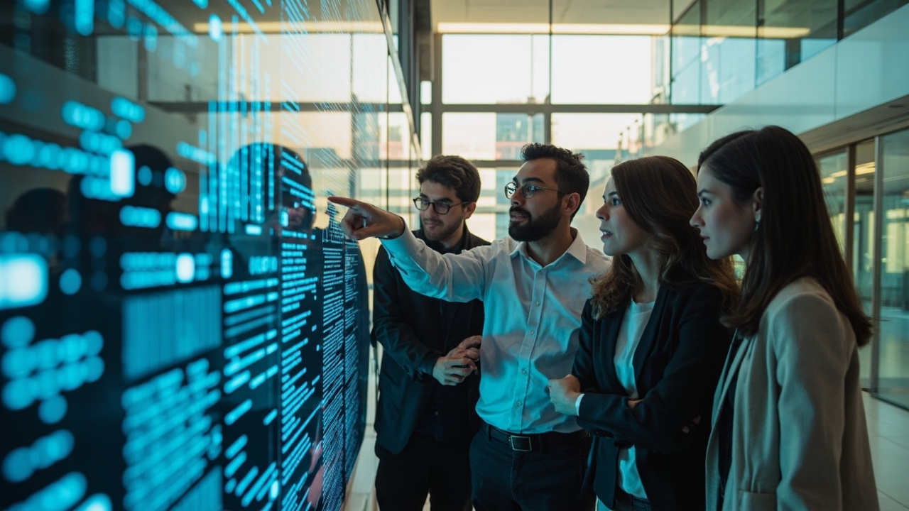 Professionals collaborating on enterprise AI strategy, discussing data and AI models on a large screen.