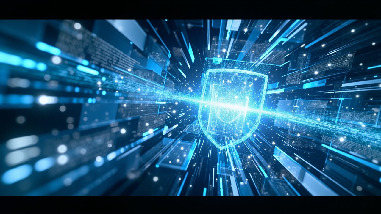 Abstract depiction of AI governance, showing data flowing through a structured framework with policy documents and security shields, symbolizing controlled and compliant AI operations.