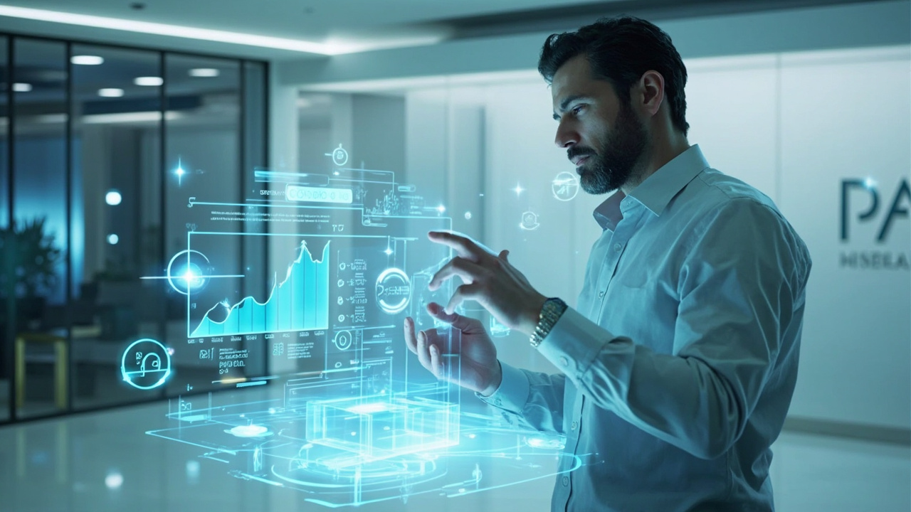 A sales professional using an AI agent interface to optimize B2B sales, showing data analytics and automated communication tools.