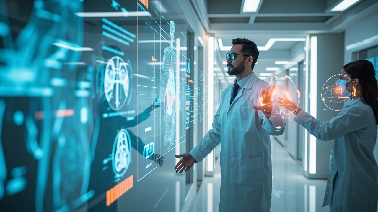 Doctors and nurses using an enterprise AI platform to analyze patient data on holographic screens in a modern hospital