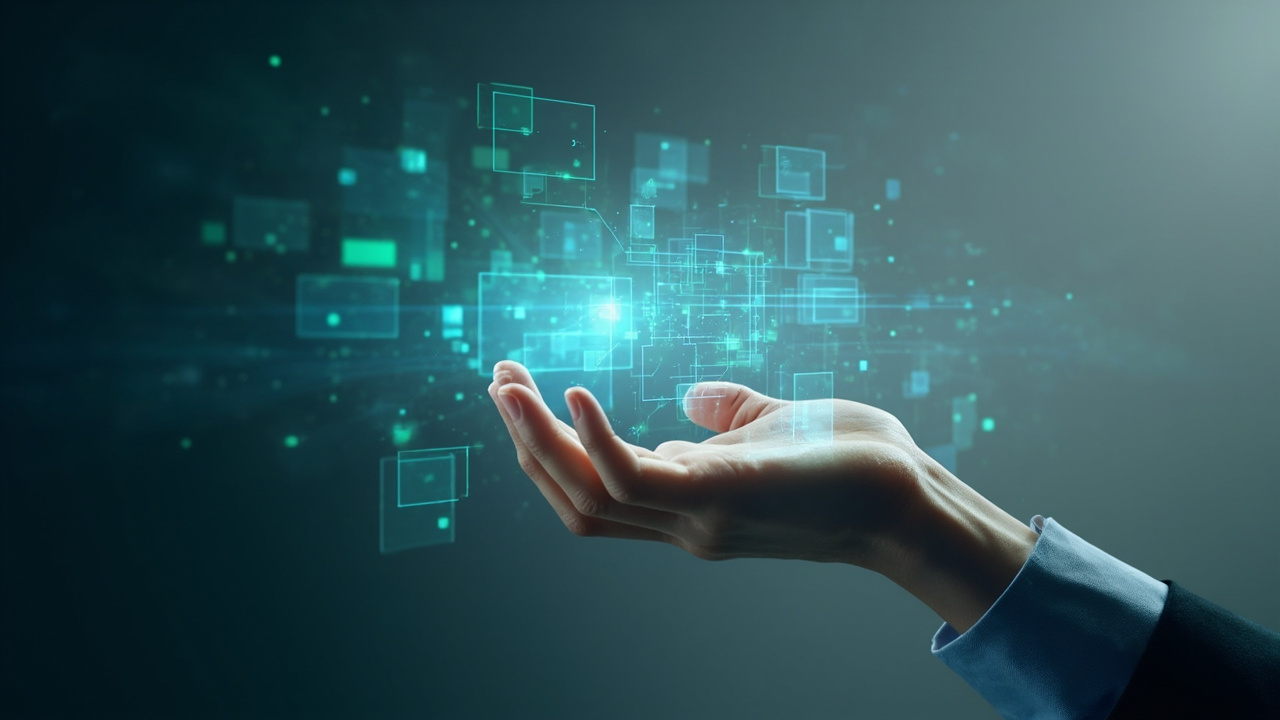 Abstract representation of enterprise AI challenges and solutions, with interconnected data and a human hand interacting with a digital interface.
