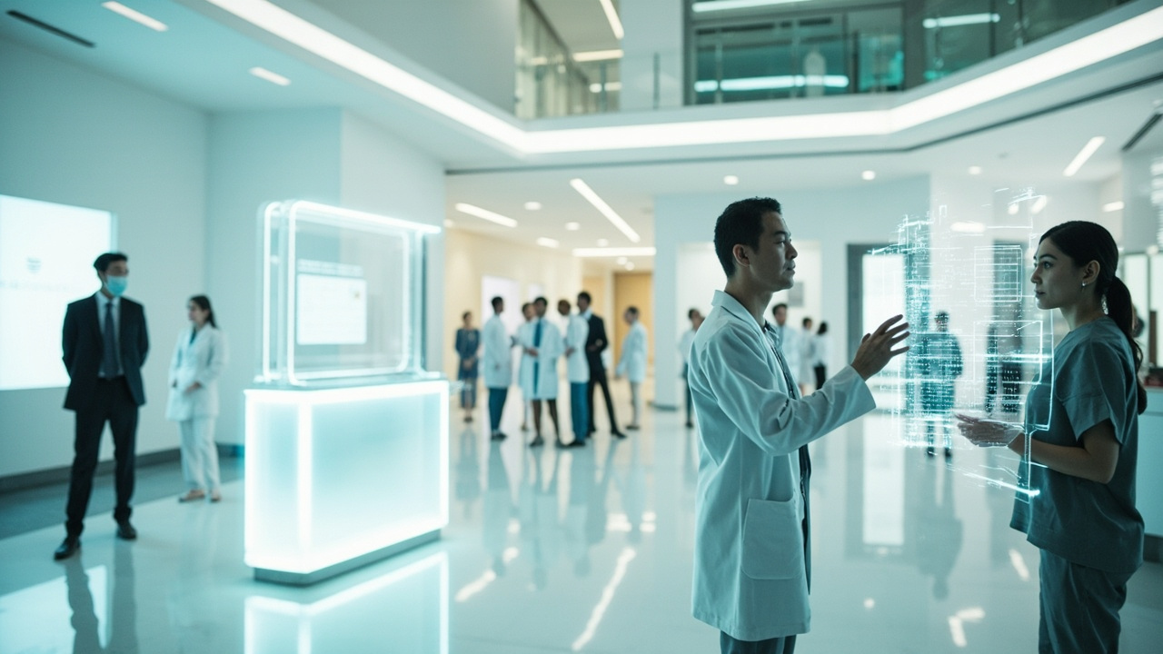 A modern hospital setting showcasing AI integration, with healthcare staff and patients interacting with advanced technology like holographic displays and automated kiosks, symbolizing efficient and compassionate care.