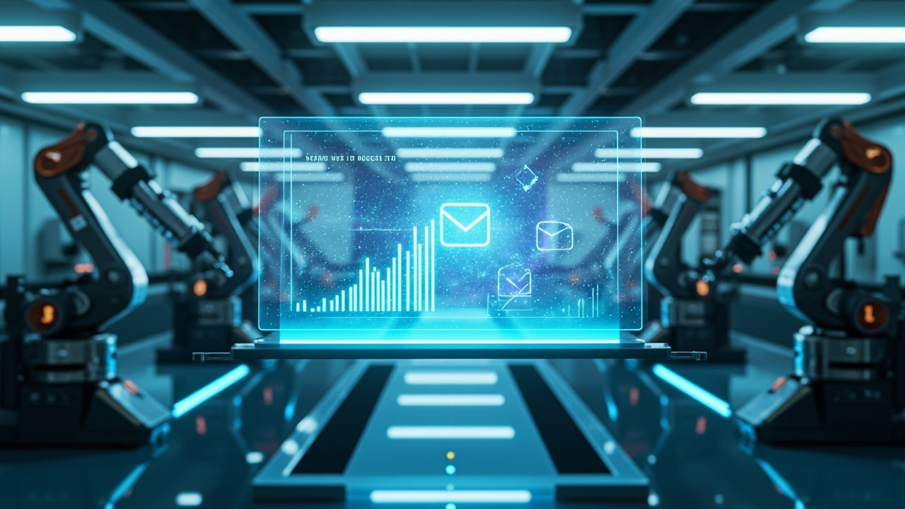 AI-powered automation streamlines RFQ follow-up for manufacturers, showing a digital interface with communication data over a modern factory setting.