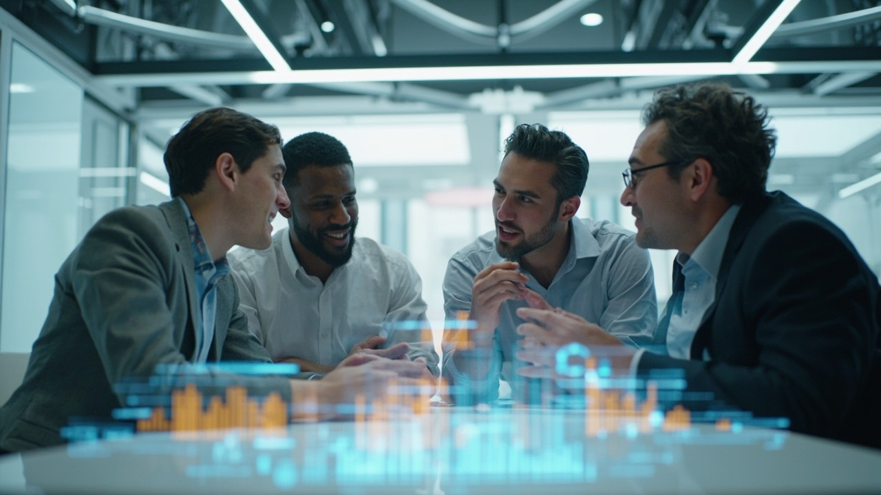 Professionals collaborating in a modern office, with AI-powered dashboards and automated processes subtly integrated into their workflow, symbolizing efficient work automation.