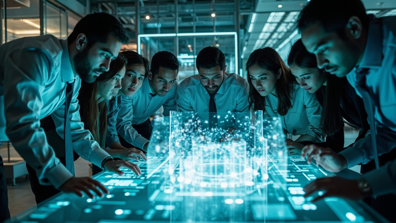 A team of AI strategists and engineers evaluating data on a holographic display, symbolizing the process of evaluating AI innovation factory ROI.