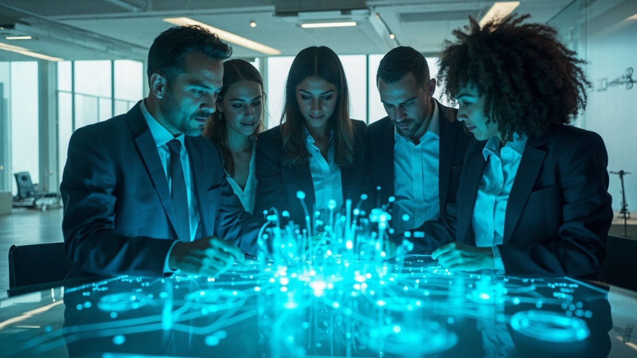 Professionals evaluating and discussing enterprise AI platforms on a holographic interface, symbolizing strategic technology selection.