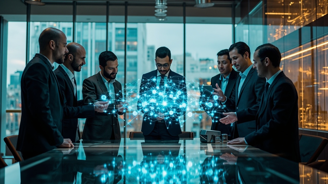 Business professionals collaborating around a holographic display, illustrating the strategic scaling of AI adoption across a large organization.