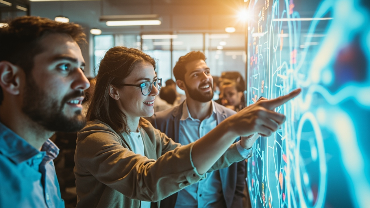 A team of AI consultants rapidly prototyping an enterprise AI solution, collaborating around a whiteboard with diagrams and a screen showing a functional AI interface.