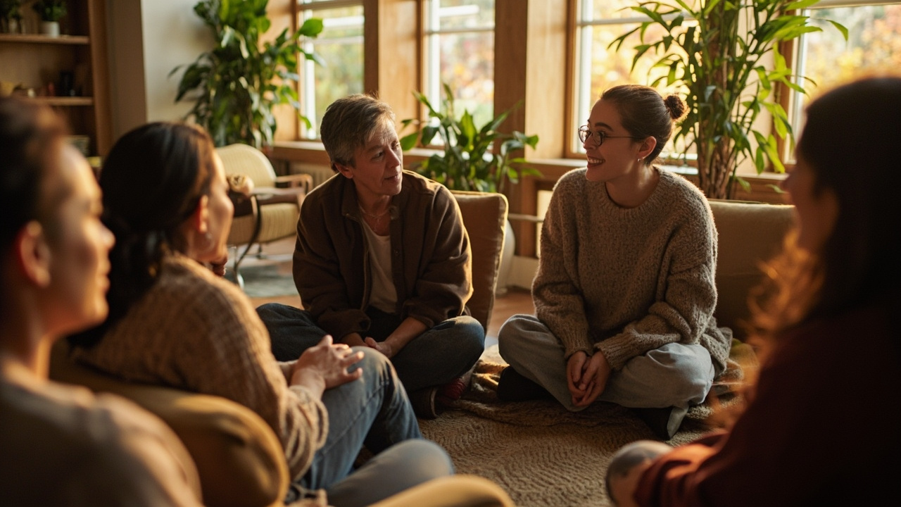 Group of people participating in a supportive substance use treatment session with a healthcare provider.