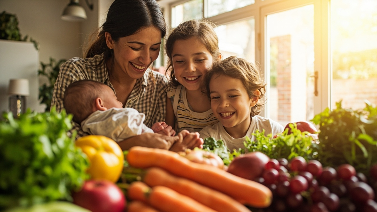 Mother and two children looking at healthy food, representing the WIC nutrition program.
