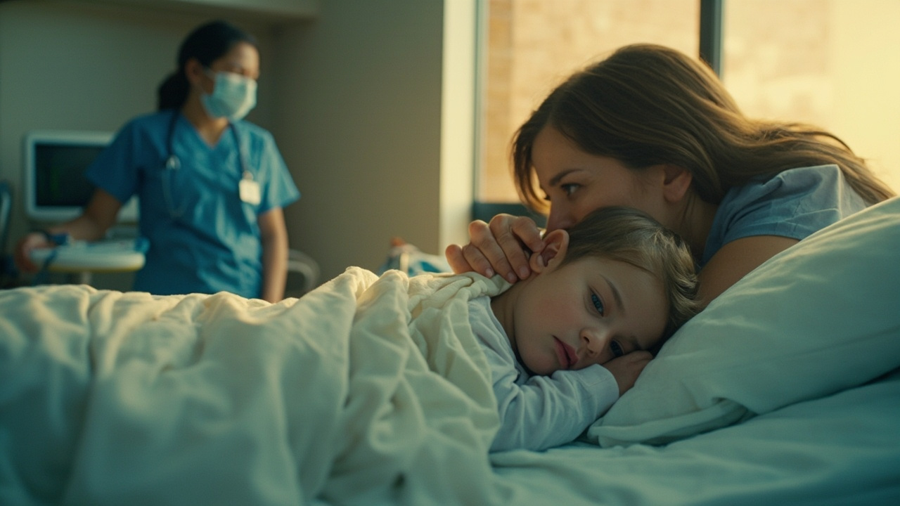 A family member comforting a sick child with a healthcare provider in the background.
