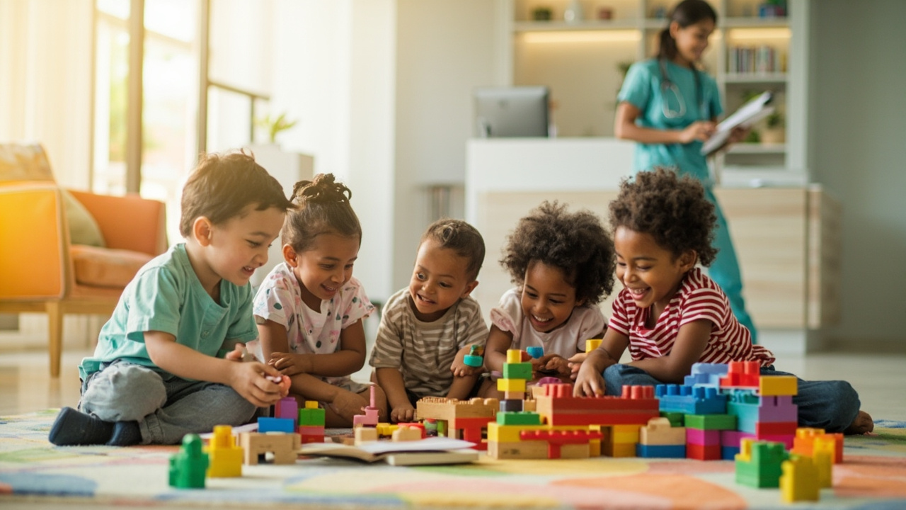 Children smiling in a clinic waiting room, symbolizing health and community care.
