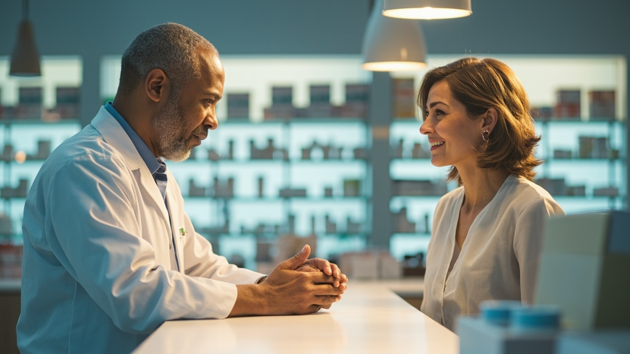 A pharmacist smiling and handing a prescription bag to a patient at the AccessHealth pharmacy counter.