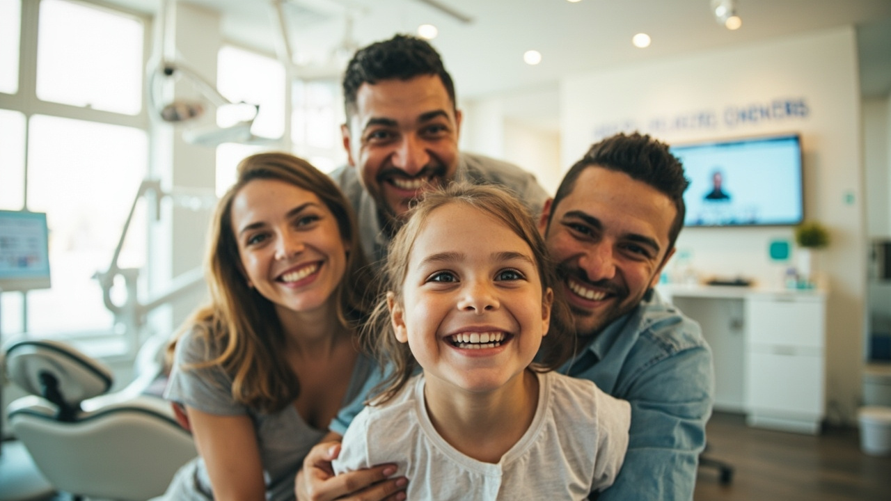 A family with a child smiling in a dental clinic, representing accessible dental care.