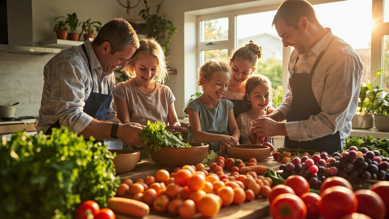 Family cooking healthy food together