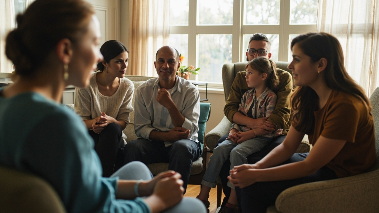 A counselor speaking with a family in a supportive setting, representing behavioral health services.